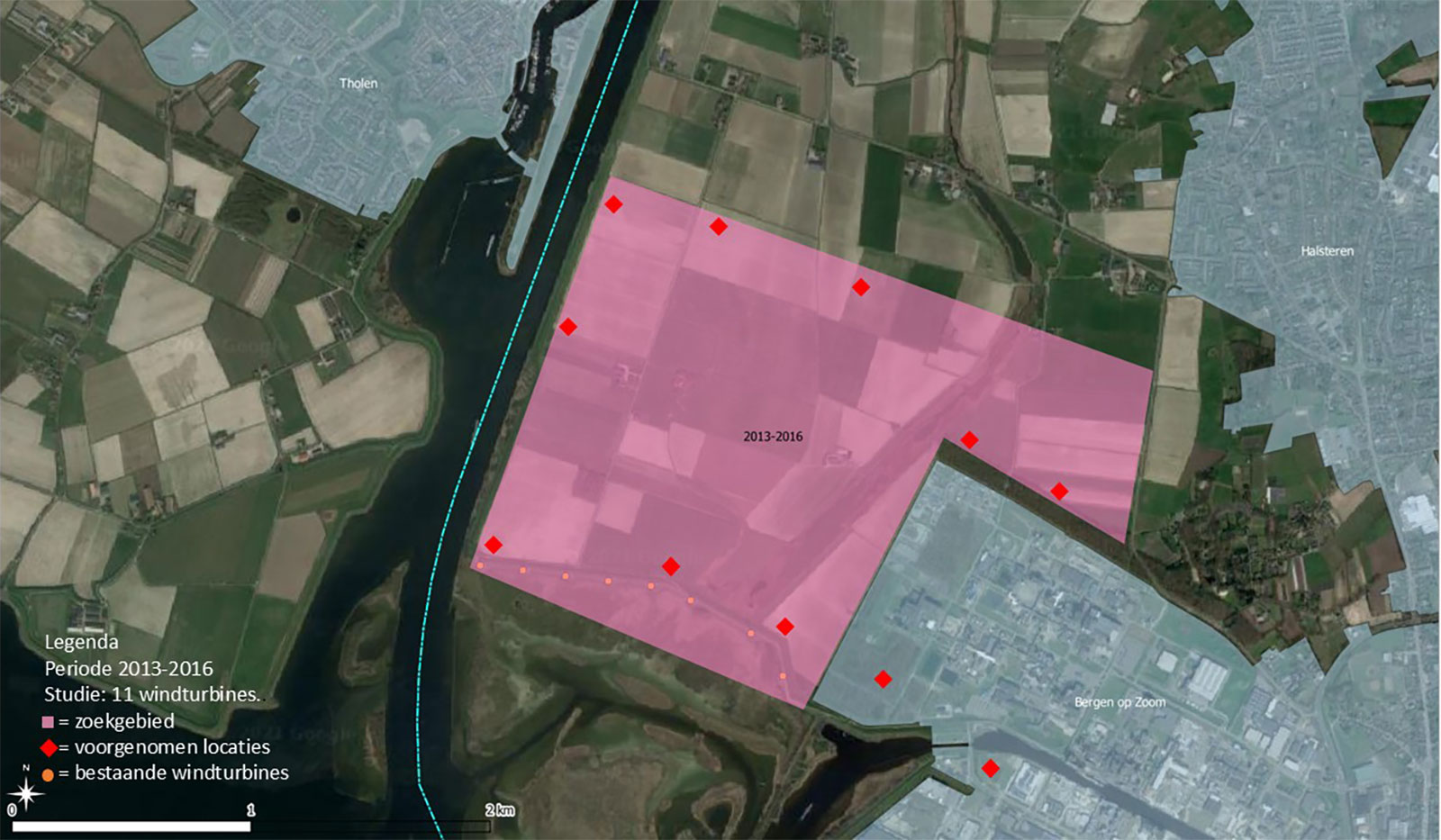 Een satellietkaart die een roze zoekgebied toont voor windturbine studies van 2013 tot 2016 nabij Tholen, Nederland.
