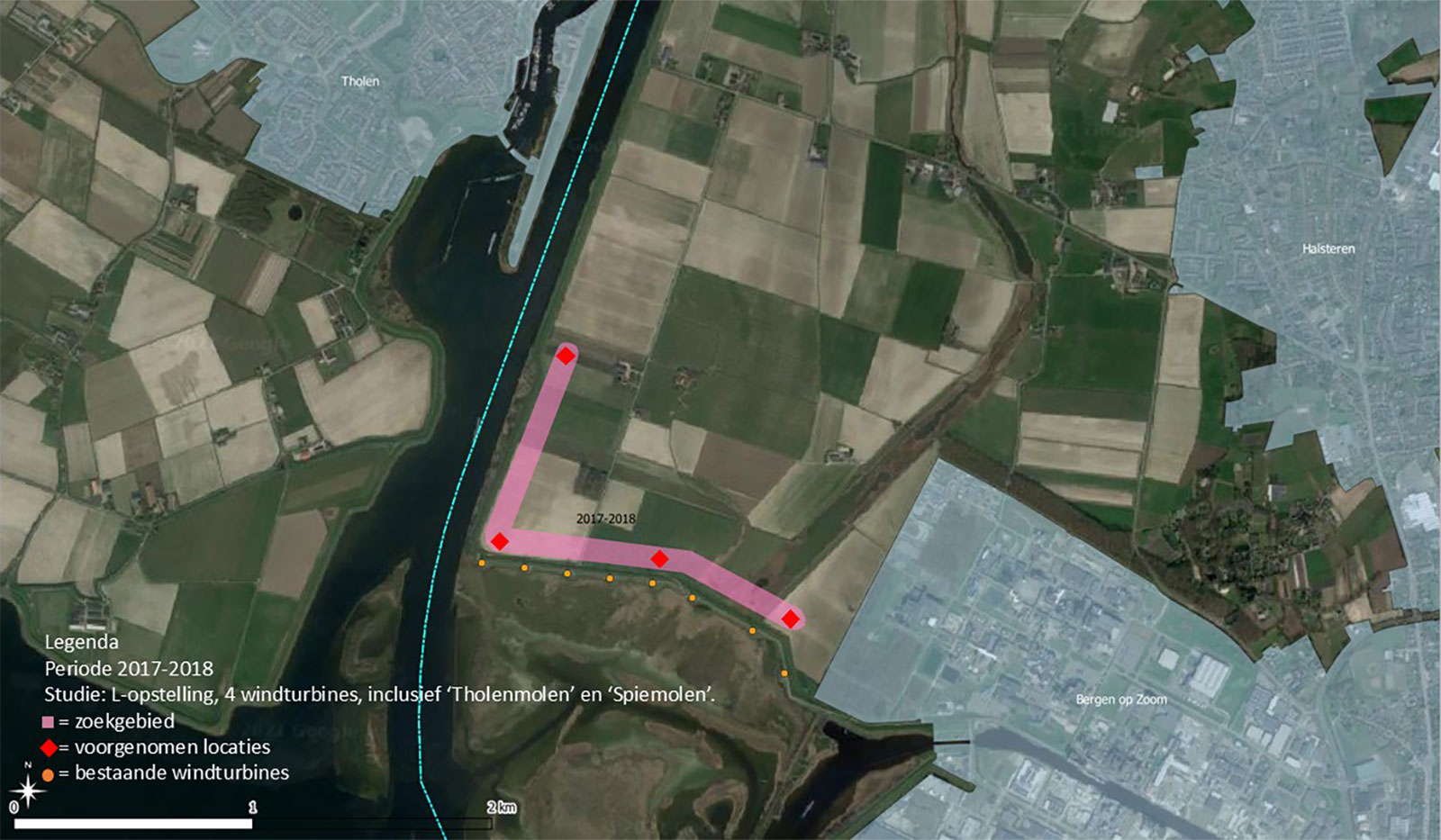 Een kaart die een studiegebied voor windturbines toont, met locaties gemarkeerd in rood en roze lijnen die de studieperiode 2017-2018 aangeven.