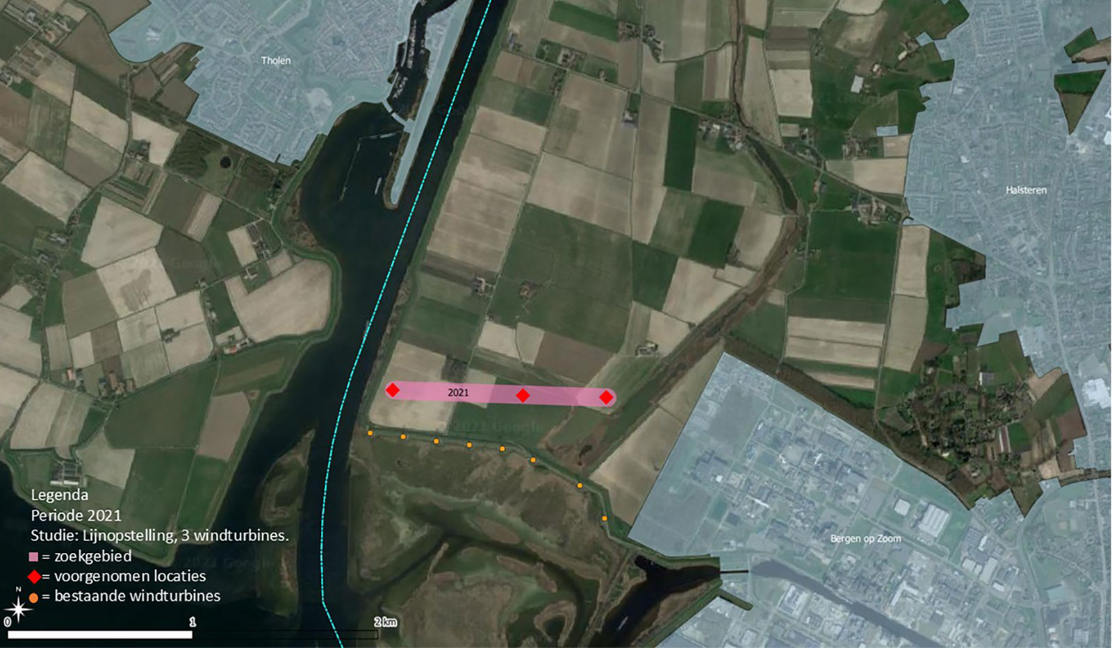 Een luchtfoto van Tholen en Halsteren met landbouwgrond en rivier. Gegevens voor windturbineplaatsen in 2021 zijn gemarkeerd.