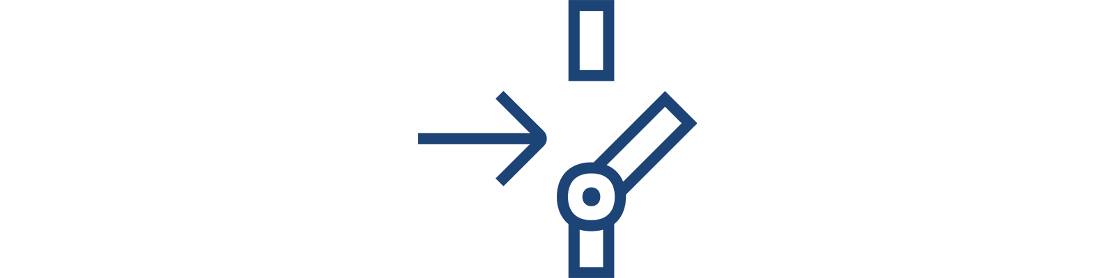 Een blauw abstract geometrisch figuur dat op elkaar aansluitende pijlen of een gestileerd kruis lijkt, op een witte achtergrond.