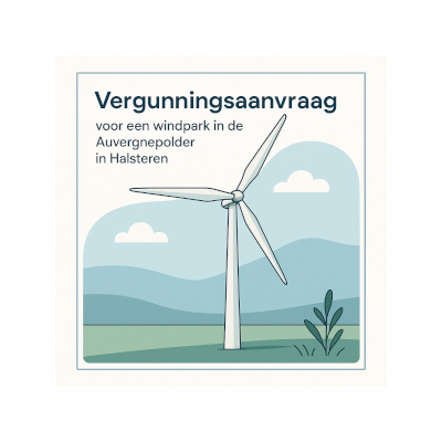 Illustratie van een windmolen in een groene polderlandschap met tekst over een vergunningaanvraag voor een windpark in Auvergnepolder, Halsteren.